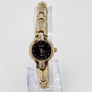 VTG Sharp Women's Watch 20mm Black Dial Gold Tone Case‎ Band 6.75" New Battery